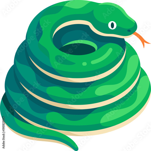 Coiled green snake rests in a spiral defensive position