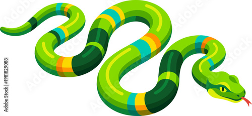 Colorful striped serpent crawls with its tongue flicking