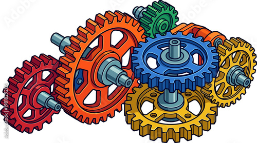 Complex assembly of interconnected colorful gears on metal shafts