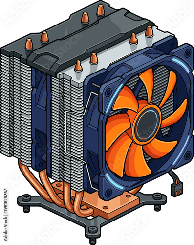 Computer cpu air cooler with heat pipes and orange fan