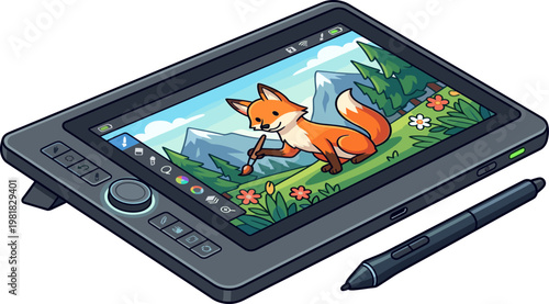 Digital graphics tablet with stylus displaying a fox illustration