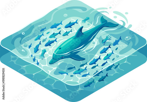 Dolphin swimming with school of fish in deep ocean water