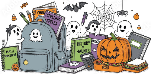 Spooky school supplies and haunted halloween learning essentials illustration Vector