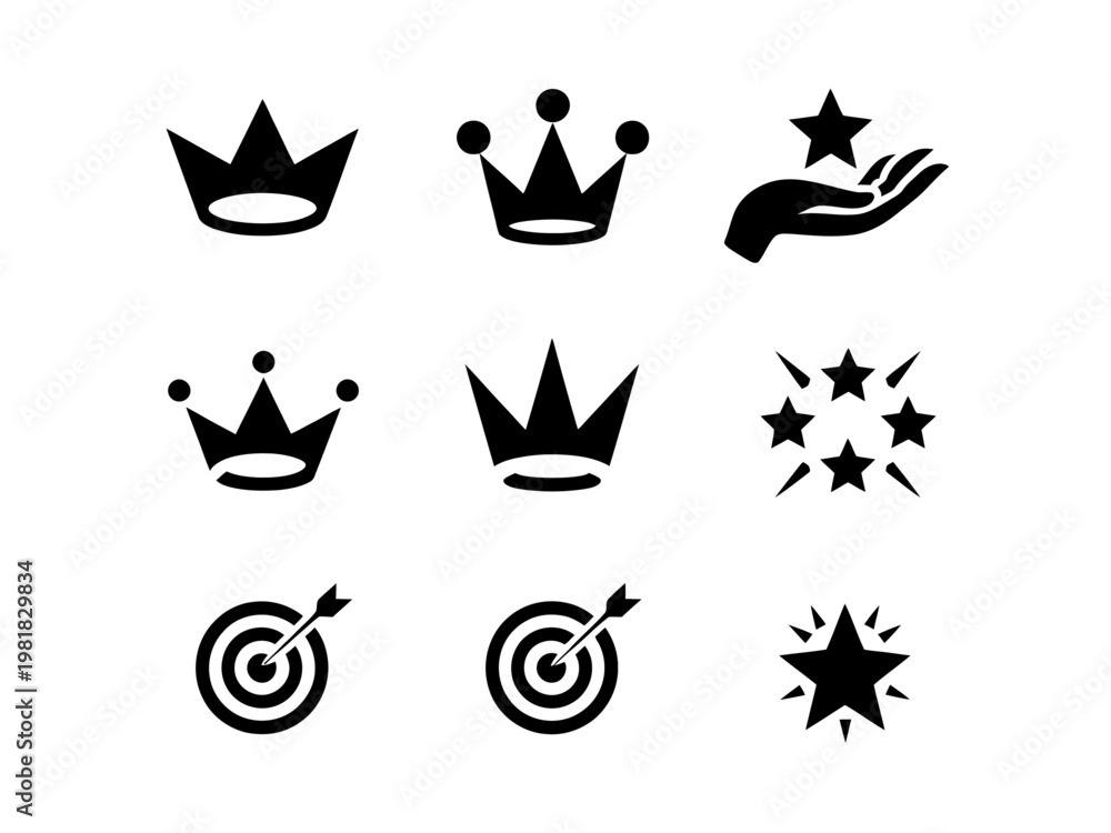 Fototapeta premium Black Icons Of Crowns, Targets, And Stars On White Background For Success And Achievement Concepts