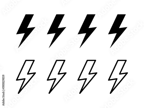 Black and white lightning bolt icons set on isolated background for electricity and energy concepts
