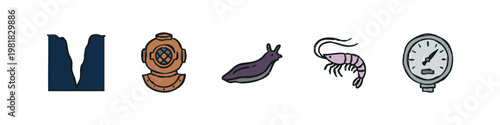 Collection of deep-sea exploration and marine biology icons.