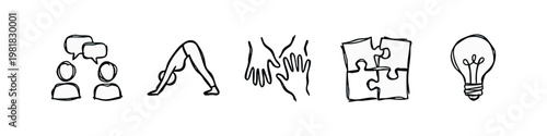 Concept Doodles in Grayscale - Communication, Yoga, Teamwork, Puzzle, and Idea Lightbulb