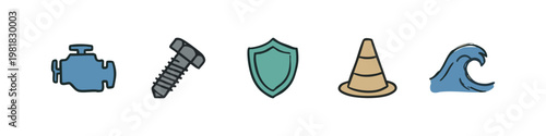 Industrial, Safety, and Nature Icons - Hand-Drawn Engine, Bolt, Shield, Traffic Cone, and Wave