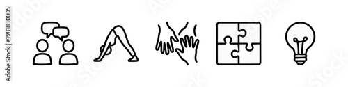 Line Art Concept Icons - Communication, Yoga, Teamwork, Puzzle, and Idea Lightbulb