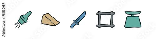 Miscellaneous Objects Hand-Drawn Icons - Rocket, Cheese, Knife, Frame, and Weighing Scale