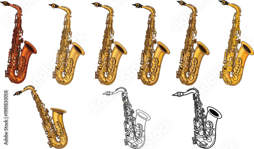 Saxophone Collection Featuring Alto and Tenor Jazz Musical Instruments Golden Brass Music Illustrations for Concert and Band Design