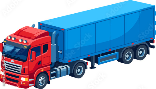 Heavy duty red semi truck pulling a long blue cargo trailer