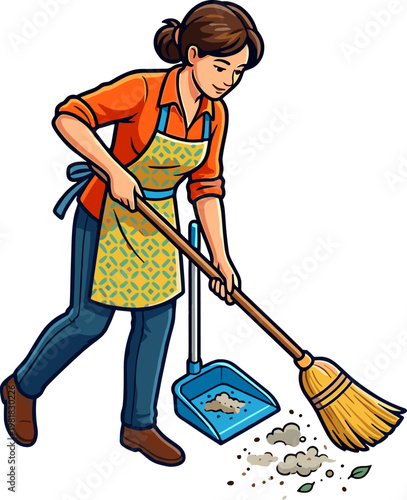 Housekeeper sweeps dirt and dust into a blue dustpan