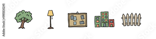 Urban environment hand drawn icon set including tree, floor lamp, bulletin board, buildings and fence