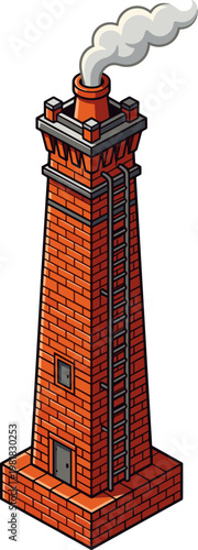 Industrial brick chimney emits white smoke into the air