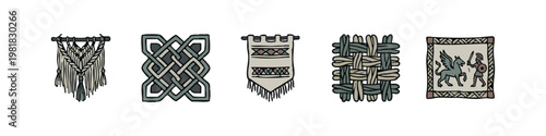 Decorative craft and textile icons collection with macrame, celtic knot, weaving and mythological art
