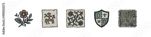 Historical and heraldic icons set featuring flower, ancient scroll, floral pattern, shield and weaving