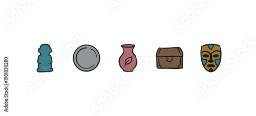 Ancient artifacts hand drawn icons set including Moai statue, ancient plate, vase, chest and tribal mask