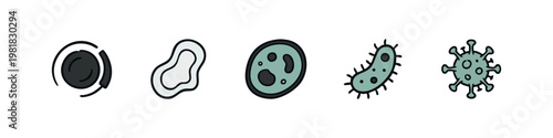 Microbiology and cell biology icons collection featuring various cells, bacteria and virus illustrations