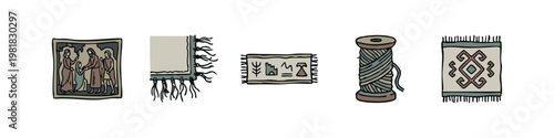 Hand drawn textile and rug collection icons with tapestry, carpet fringe, banner and thread spool