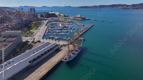 Aerial view of Vigo city center in Pontevedra, Galicia, Spain. Coastal city on the Ria de Vigo inlet, Capital Comarca.