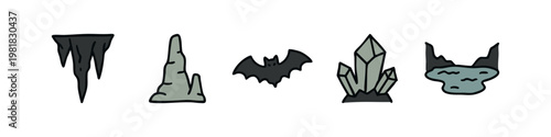Set of Hand Drawn Cave Exploration and Spelunking Icons