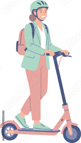 A woman wearing a helmet rides an electric scooter down a city street