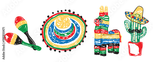 Mexico Fiesta Icons Set with Sombrero Pinata Cactus Guitar and Party Elements