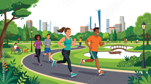 People jogging in city park, healthy lifestyle outdoor activity illustration