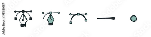Collection of hand drawn graphic design tool icons with pen tool paths and brush stroke