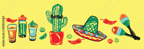 Classic Mexican Cinco de Mayo Fiesta Elements Set with Traditional Cultural Icons