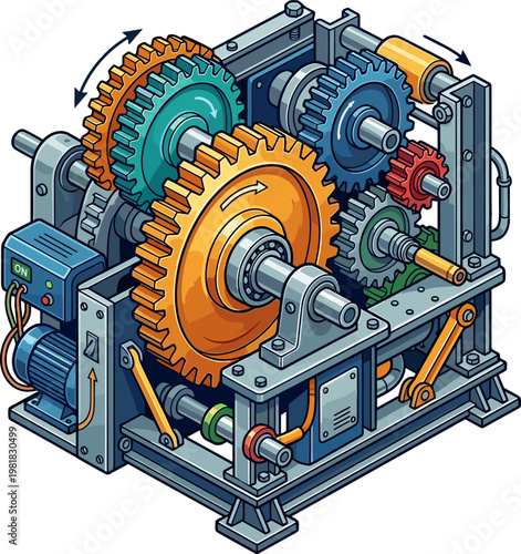 Industrial machine gear system with motor and rotating colorful cogs