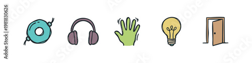 Miscellaneous Objects Icon Set with Headphones Hand Waving Lightbulb and Open Door