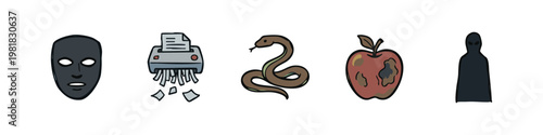 Mystery and Treachery Icon Set with Mask Paper Shredder Snake and Rotten Apple