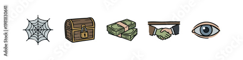 Treasure and Secret Deal Icon Set with Spider Web Stacks of Cash and Handshake