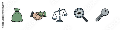 Corruption and Investigation Icon Set with Money Bag Handshake Broken Scales and Key
