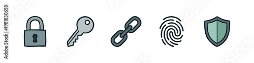 Security and Authentication Icon Set with Padlock Key Chain Link and Fingerprint