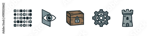 Data Security and Fortress Icon Set with Binary Code Chest and Castle Tower