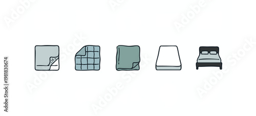 Bedding and Mattress Icon Set Featuring Sheets Blanket and Complete Bed
