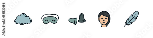 Sleep and relaxation icon set with cloud eye mask earplugs face and feather