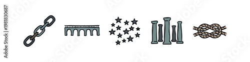 Hand-drawn architectural and strength icons with chain bridge stars columns and rope knot