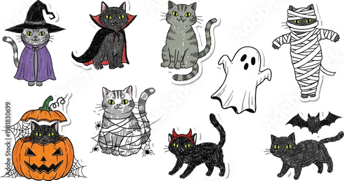 Halloween themed illustrations featuring cats and spooky characters in playful designs Vector