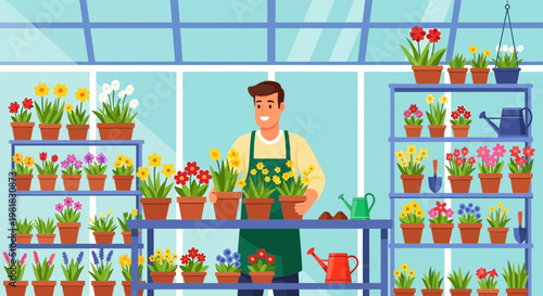 Man tending to potted plants in a greenhouse.
