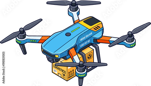 Logistics delivery drone carrying a cardboard box for air transport
