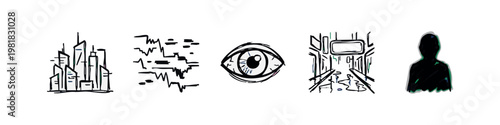 Abstract City, Data, Eye, and Human Silhouette Sketch Icons