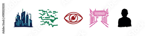 Vibrant Abstract City, Data, Eye, and Human Silhouette Sketch Icons
