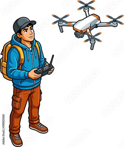 Man flying camera drone using handheld remote controller