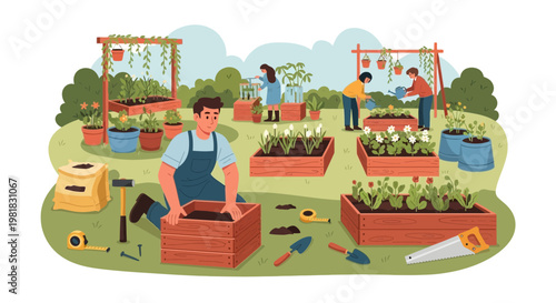 People tending to raised garden beds with plants.