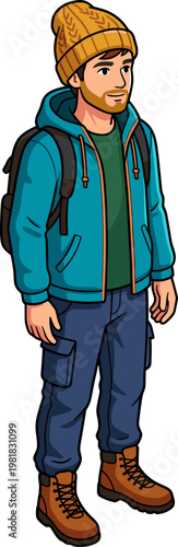 Man in winter hiking clothes with a backpack and yellow beanie