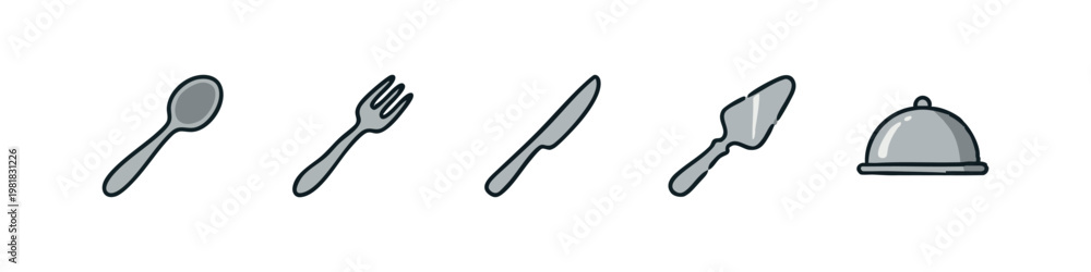 Fototapeta premium Tableware and Cutlery Icons Set Featuring Spoon Fork Knife Spatula and Cloche